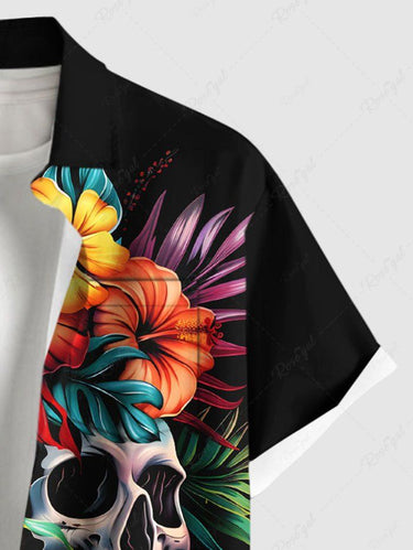 Gothic Plus Size Skull Hibiscus Flower Tropical Leaf Print Hawaii Button Pocket Shirt For Men