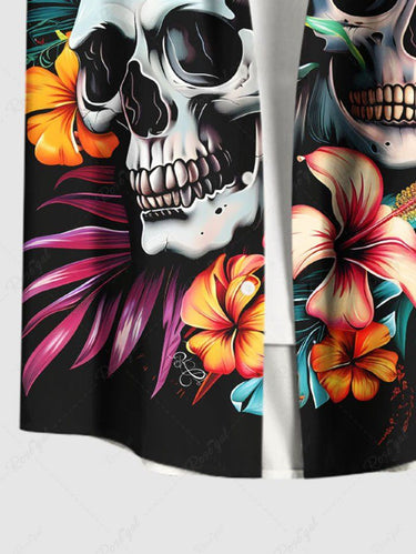 Gothic Plus Size Skull Hibiscus Flower Tropical Leaf Print Hawaii Button Pocket Shirt For Men
