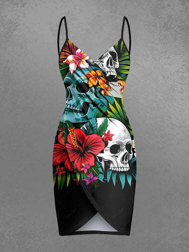 Gothic Plus Size Skull Hibiscus Flower Tropical Leaf Print Hawaii Convertible Beach Cover Up