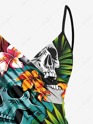 Gothic Plus Size Skull Hibiscus Flower Tropical Leaf Print Hawaii Convertible Beach Cover Up