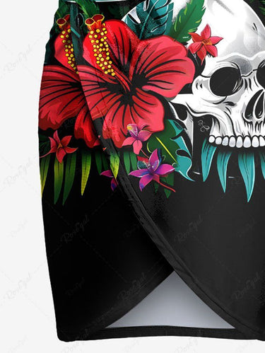 Gothic Plus Size Skull Hibiscus Flower Tropical Leaf Print Hawaii Convertible Beach Cover Up