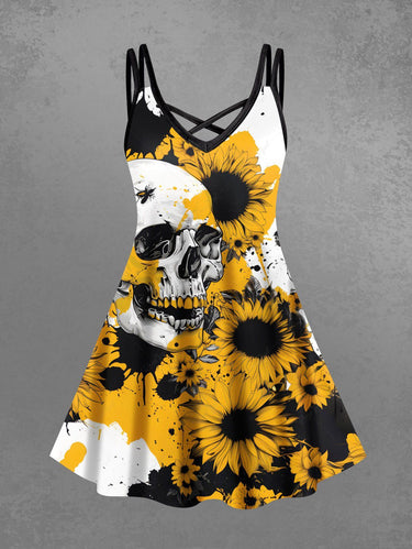 Gothic Plus Size Ink Painting Splatter Skull Sunflower Print Crisscross A Line Cami Dress
