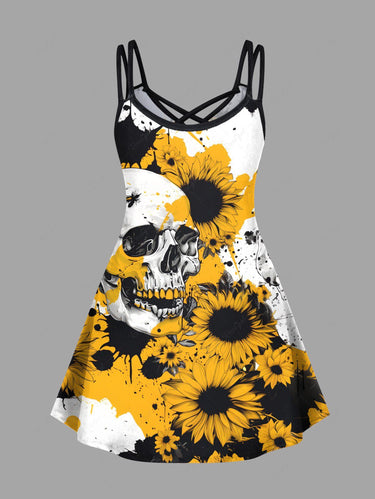 Gothic Plus Size Ink Painting Splatter Skull Sunflower Print Crisscross A Line Cami Dress