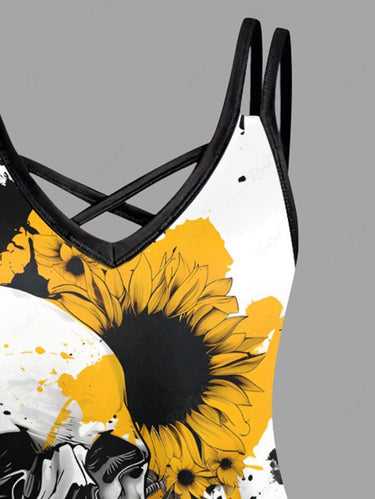 Gothic Plus Size Ink Painting Splatter Skull Sunflower Print Crisscross A Line Cami Dress