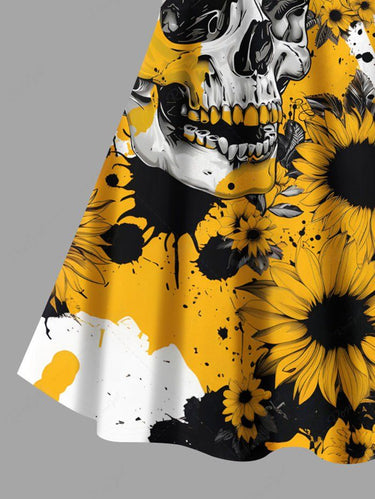 Gothic Plus Size Ink Painting Splatter Skull Sunflower Print Crisscross A Line Cami Dress