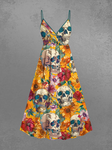 Gothic Plus Size Skull Flower Leaf Print Surplice A Line Cami Dress