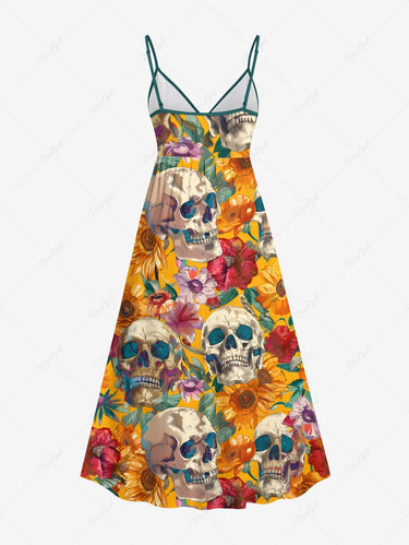 Gothic Plus Size Skull Flower Leaf Print Surplice A Line Cami Dress