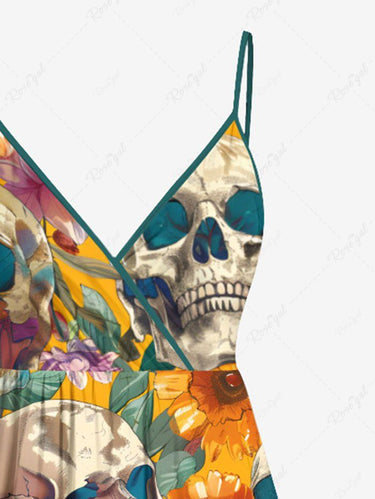 Gothic Plus Size Skull Flower Leaf Print Surplice A Line Cami Dress