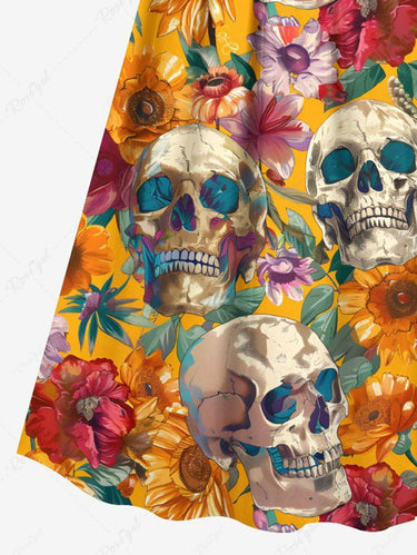 Gothic Plus Size Skull Flower Leaf Print Surplice A Line Cami Dress