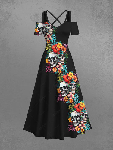 Gothic Plus Size Skull Hibiscus Flower Tropical Leaf Print Hawaii Cold Shoulder Crisscross A Line Maxi Dress