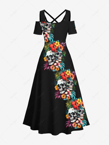 Gothic Plus Size Skull Hibiscus Flower Tropical Leaf Print Hawaii Cold Shoulder Crisscross A Line Maxi Dress