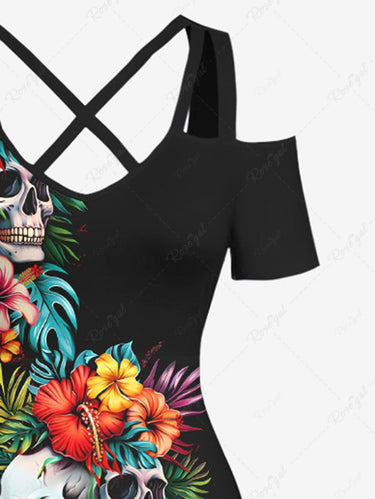 Gothic Plus Size Skull Hibiscus Flower Tropical Leaf Print Hawaii Cold Shoulder Crisscross A Line Maxi Dress