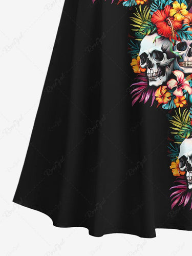 Gothic Plus Size Skull Hibiscus Flower Tropical Leaf Print Hawaii Cold Shoulder Crisscross A Line Maxi Dress