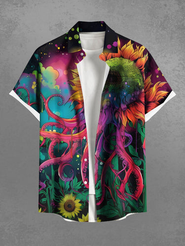 Gothic Plus Size Colorful Ombre Octopus Sunflower Cloud Print Button Pocket Shirt For Men