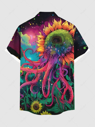 Gothic Plus Size Colorful Ombre Octopus Sunflower Cloud Print Button Pocket Shirt For Men