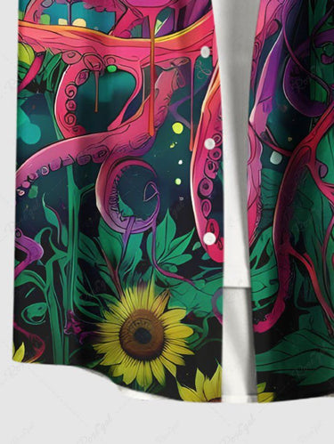 Gothic Plus Size Colorful Ombre Octopus Sunflower Cloud Print Button Pocket Shirt For Men