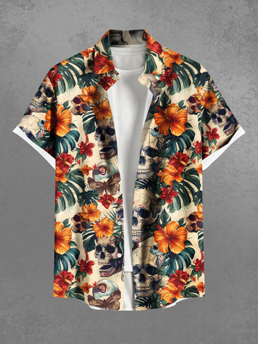 Gothic Plus Size Skull Tropical Leaf Hibiscus Flower Print Hawaii Button Pocket Shirt For Men