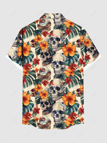 Gothic Plus Size Skull Tropical Leaf Hibiscus Flower Print Hawaii Button Pocket Shirt For Men