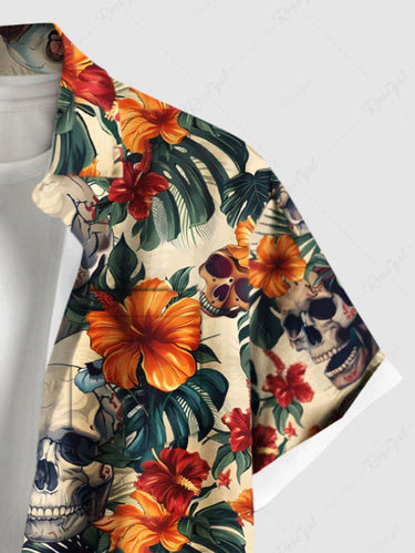 Gothic Plus Size Skull Tropical Leaf Hibiscus Flower Print Hawaii Button Pocket Shirt For Men