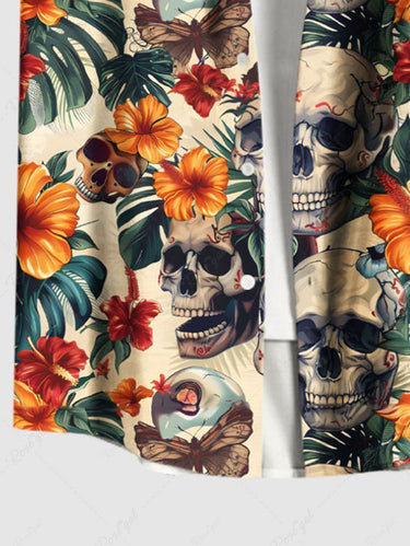 Gothic Plus Size Skull Tropical Leaf Hibiscus Flower Print Hawaii Button Pocket Shirt For Men