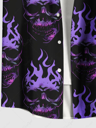Gothic Plus Size Skull Fire Flame Print Button Pocket Shirt For Men