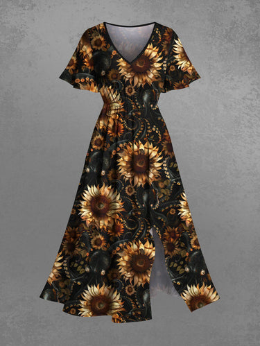 Gothic Plus Size Sunflower Octopus Print Split Pocket A Line Midi Dress