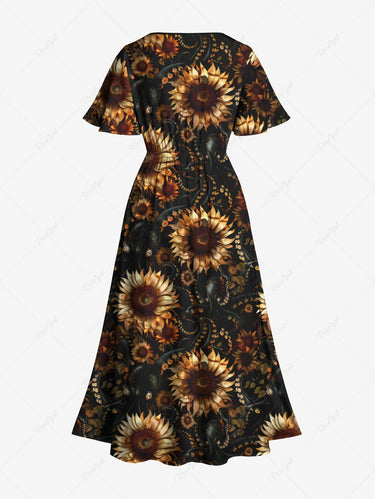 Gothic Plus Size Sunflower Octopus Print Split Pocket A Line Midi Dress