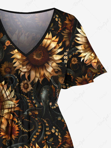 Gothic Plus Size Sunflower Octopus Print Split Pocket A Line Midi Dress