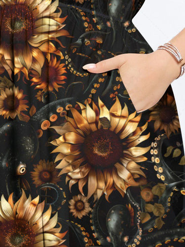 Gothic Plus Size Sunflower Octopus Print Split Pocket A Line Midi Dress