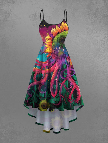Gothic Plus Size Colorful Ombre Octopus Sunflower Cloud Print High Low Asymmetric Cami Dress