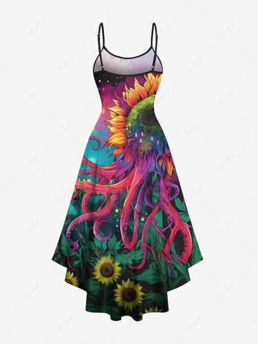 Gothic Plus Size Colorful Ombre Octopus Sunflower Cloud Print High Low Asymmetric Cami Dress