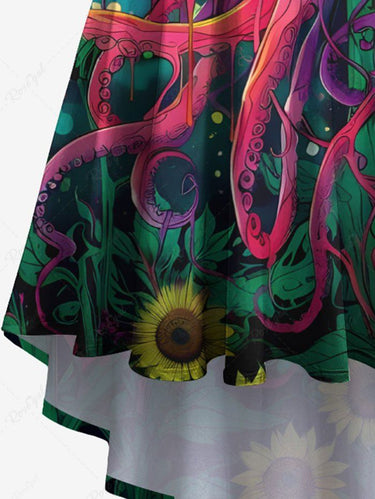 Gothic Plus Size Colorful Ombre Octopus Sunflower Cloud Print High Low Asymmetric Cami Dress