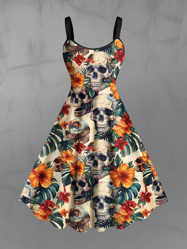 Gothic Plus Size Skull Tropical Leaf Hibiscus Flower Print Hawaii A Line Tank Dress