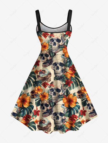 Gothic Plus Size Skull Tropical Leaf Hibiscus Flower Print Hawaii A Line Tank Dress