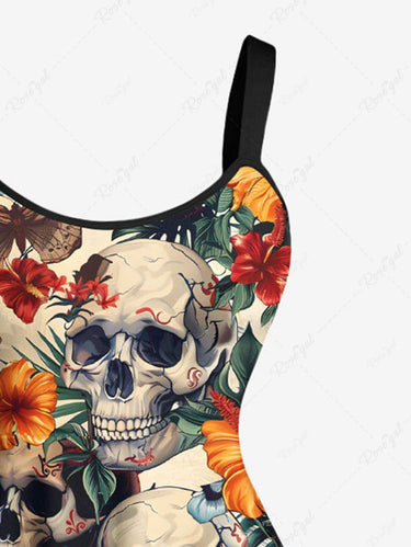 Gothic Plus Size Skull Tropical Leaf Hibiscus Flower Print Hawaii A Line Tank Dress