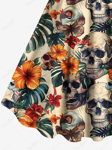 Gothic Plus Size Skull Tropical Leaf Hibiscus Flower Print Hawaii A Line Tank Dress