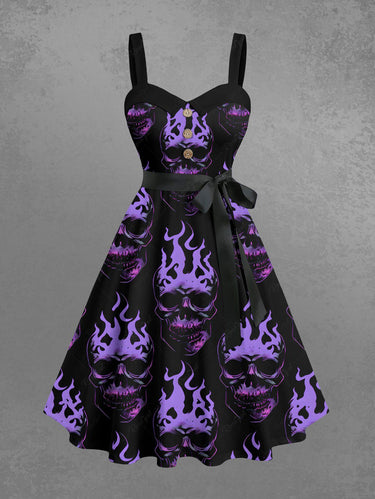 Gothic Plus Size Skull Fire Flame Print Button A Line Dress with Removable Belt