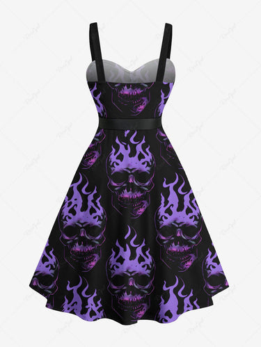 Gothic Plus Size Skull Fire Flame Print Button A Line Dress with Removable Belt