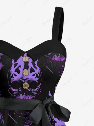 Gothic Plus Size Skull Fire Flame Print Button A Line Dress with Removable Belt