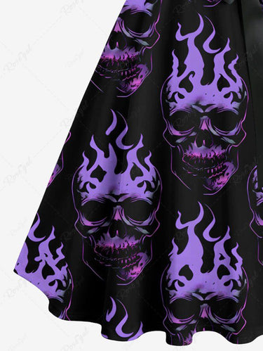 Gothic Plus Size Skull Fire Flame Print Button A Line Dress with Removable Belt