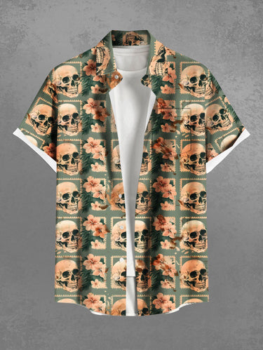 Gothic Plus Size Skull Hibiscus Flower Tropical Leaf Geometric Print Hawaii Button Pocket Shirt For Men