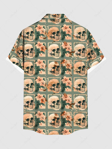Gothic Plus Size Skull Hibiscus Flower Tropical Leaf Geometric Print Hawaii Button Pocket Shirt For Men