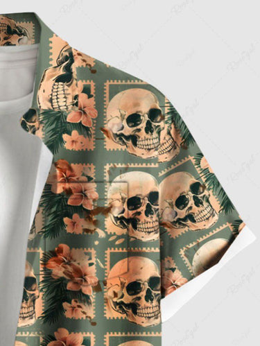 Gothic Plus Size Skull Hibiscus Flower Tropical Leaf Geometric Print Hawaii Button Pocket Shirt For Men
