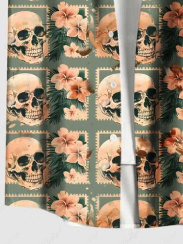 Gothic Plus Size Skull Hibiscus Flower Tropical Leaf Geometric Print Hawaii Button Pocket Shirt For Men