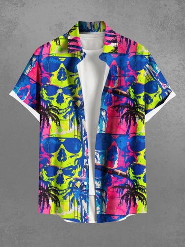 Gothic Plus Size Colorful Skull Coconut Tree Print Hawaii Button Pocket Shirt For Men