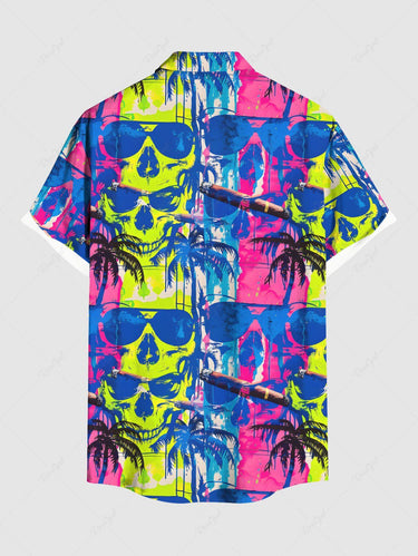 Gothic Plus Size Colorful Skull Coconut Tree Print Hawaii Button Pocket Shirt For Men