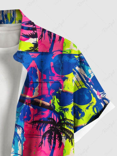 Gothic Plus Size Colorful Skull Coconut Tree Print Hawaii Button Pocket Shirt For Men