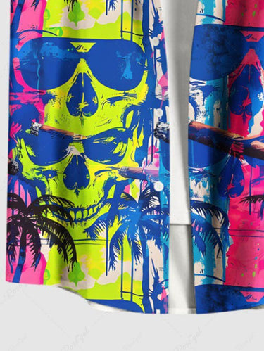 Gothic Plus Size Colorful Skull Coconut Tree Print Hawaii Button Pocket Shirt For Men