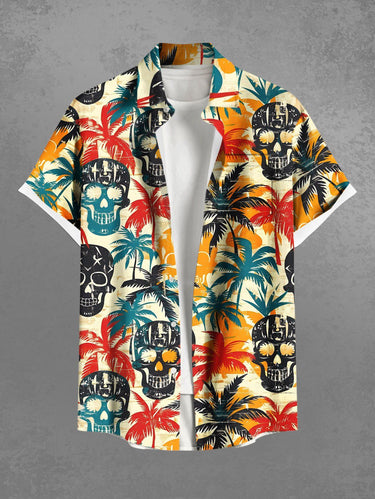 Gothic Plus Size Skull Coconut Tree Print Hawaii Button Pocket Shirt For Men