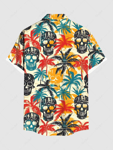 Gothic Plus Size Skull Coconut Tree Print Hawaii Button Pocket Shirt For Men